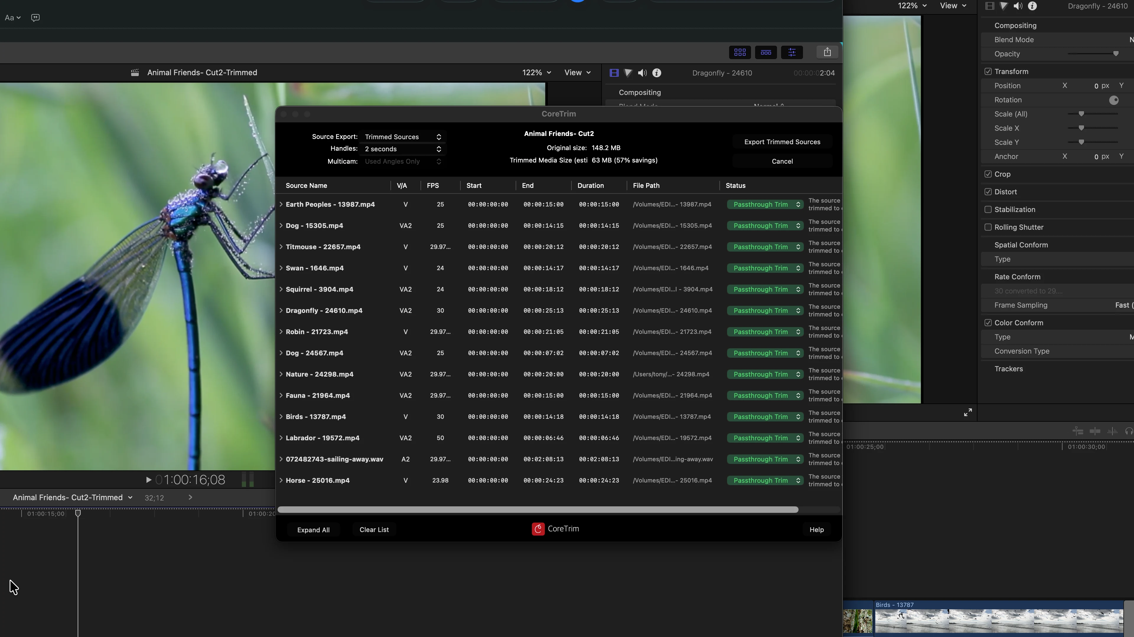CoreTrim showing a trimmed source export inside Final Cut Pro.