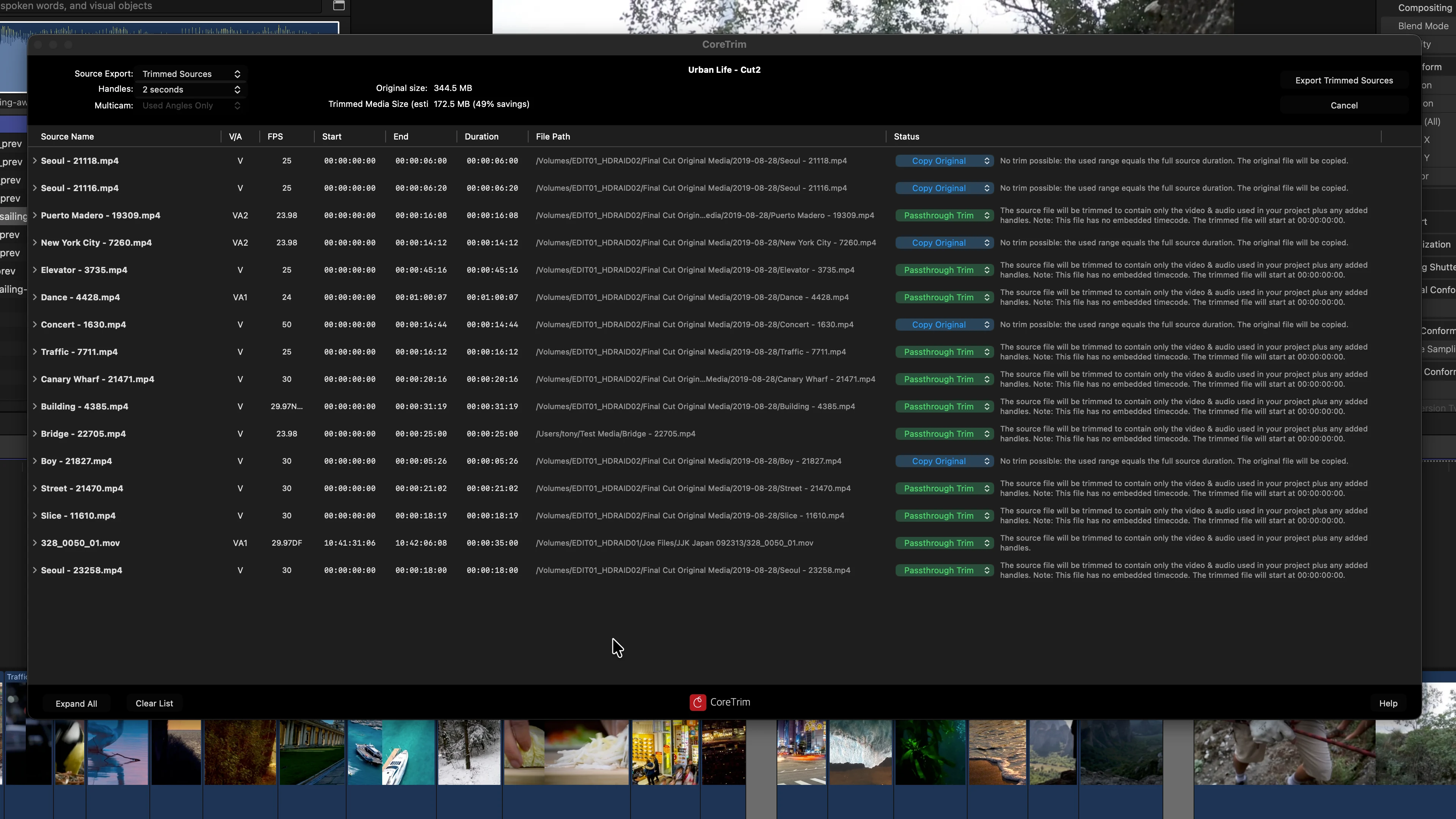 CoreTrim source grid open inside Final Cut Pro.