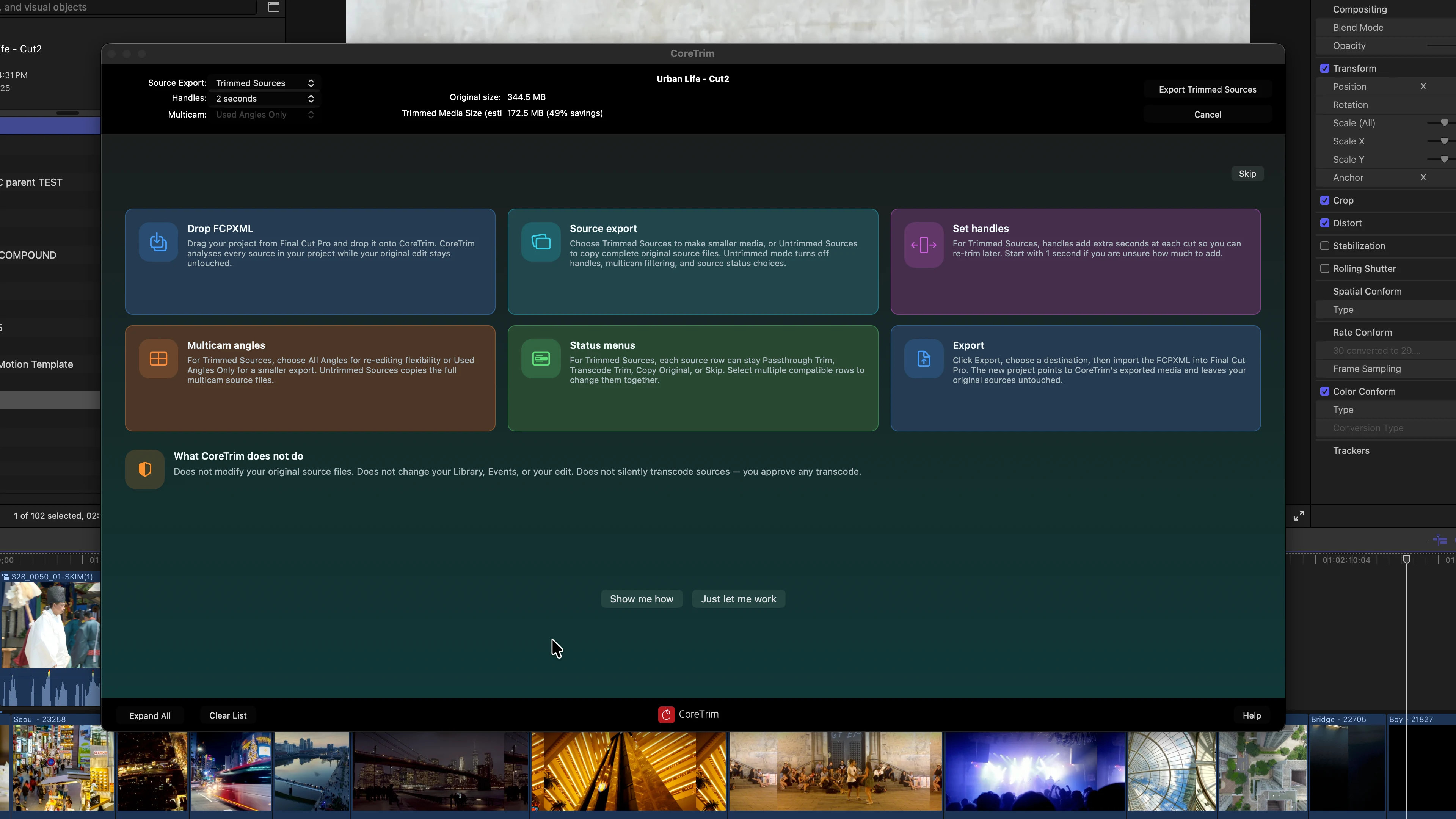 CoreTrim welcome and guided help screen inside Final Cut Pro.