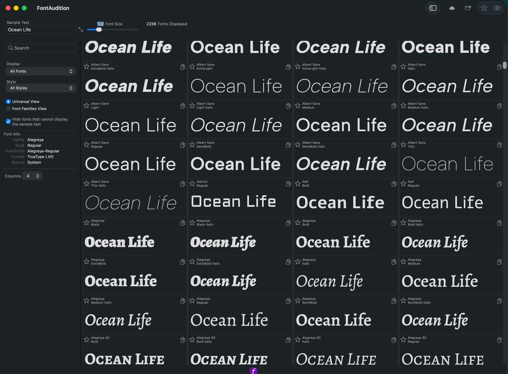FontAudition filling the screen, with the phrase Ocean Life set at 150 point across a grid of 2,236 different fonts.
