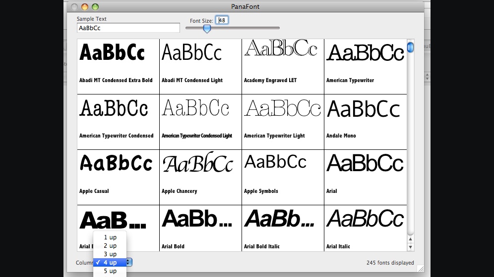 PanaFont 1.0.2 running on Mac OS X, with a Sample Text field reading AaBbCc, a Font Size slider set to 48, a four-column grid of font tiles each labelled with its font name, a columns menu offering 1 up through 8 up, and a status line reading 245 fonts displayed.
